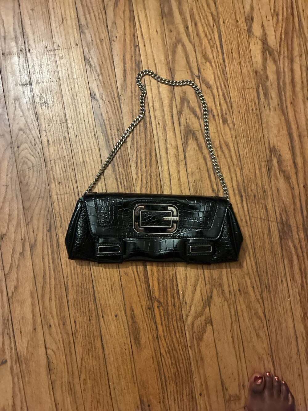 Guess Black Croco Embossed Patent Shoulder Bag